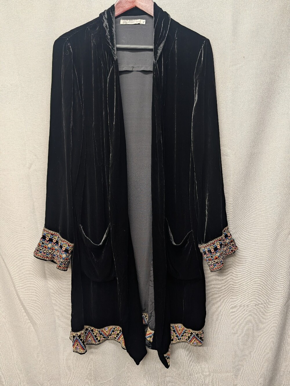 Johnny Was Silk Black Velvet OpenFront Embroidered Trim Duster Coat Size XL NWOT